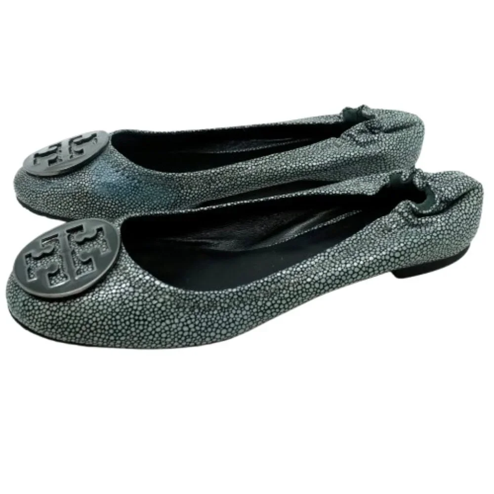 TORY BURCH~Gray Reva Logo~BALLET FLATS~ LEATHER SHOES in GRAY EEL~ SIZE 8.5M